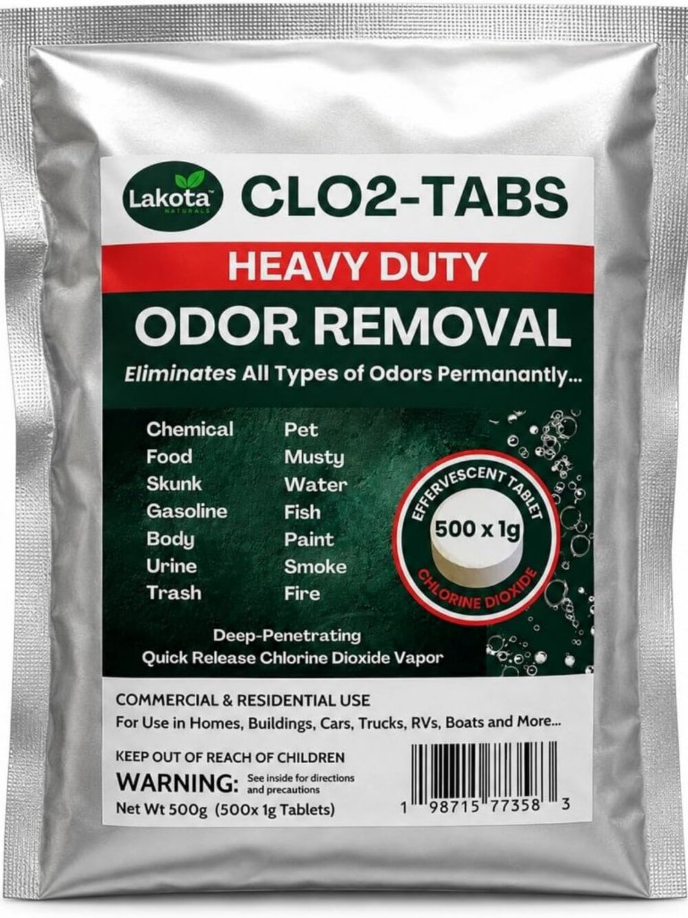 Heavy Duty Chlorine Dioxide Tablets - 500 Count for Odor Removal in Homes, Cars